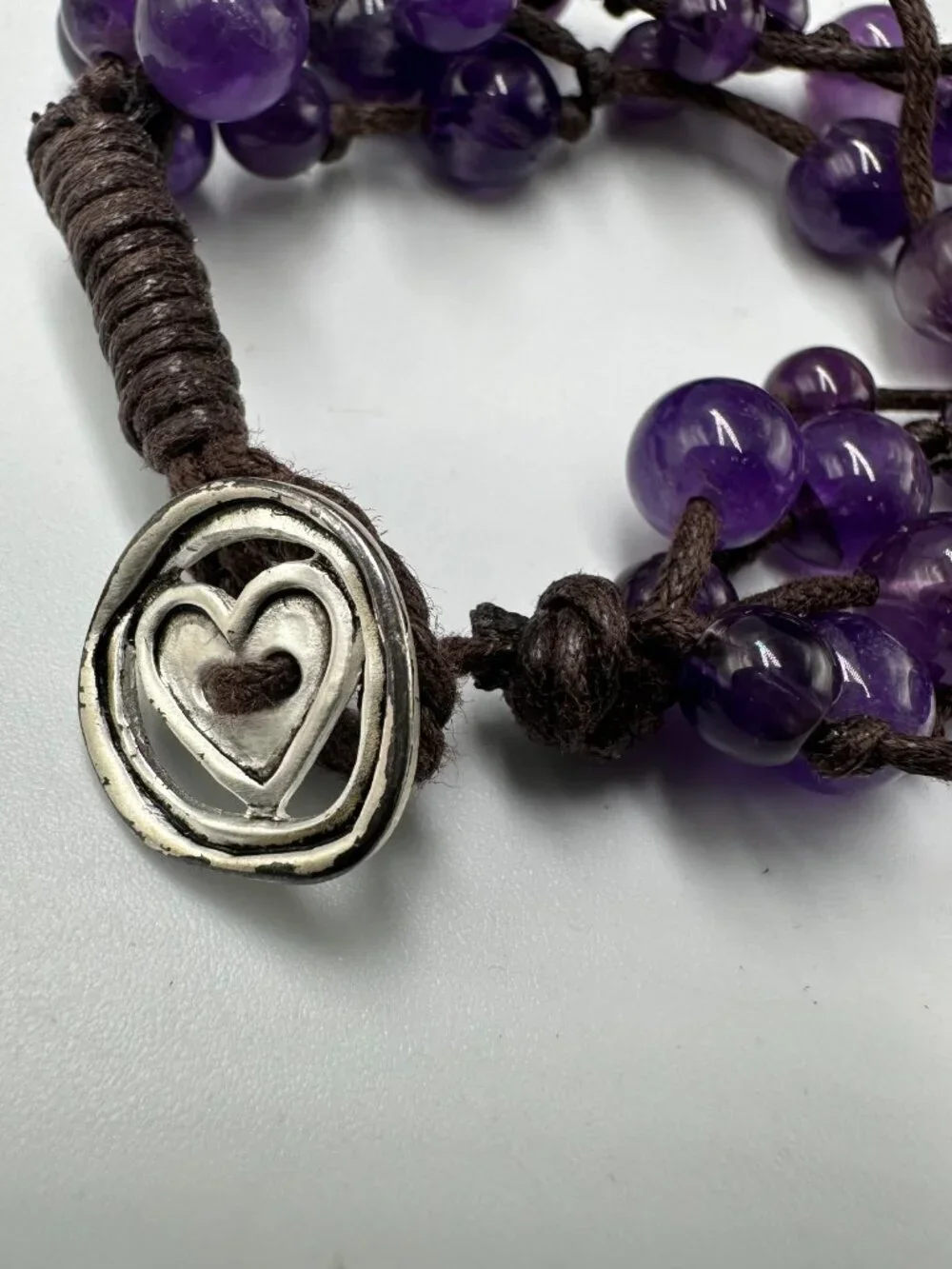 Amethyst Beaded Bracelet Sterling Silver Heart Clasp Brown Cord Bohemian 6